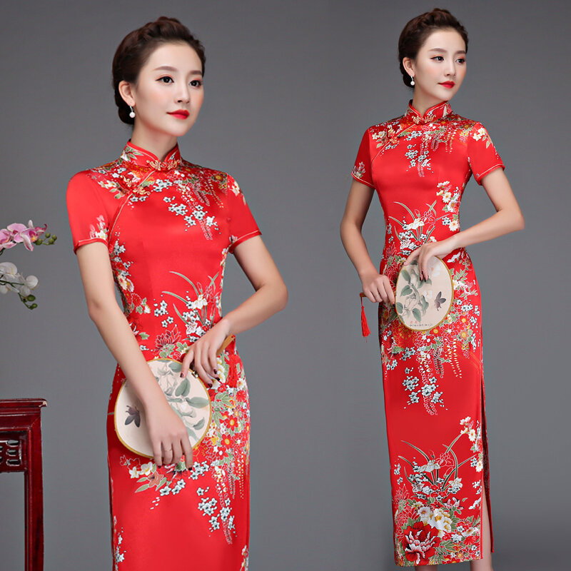 Old Shanghai Elegan Wanita Satin Qipao Ramping 3/4 Lengan Panjang Gaun Baru Tradisional Cina Mandarin Kerah Cheongsam Vestidos