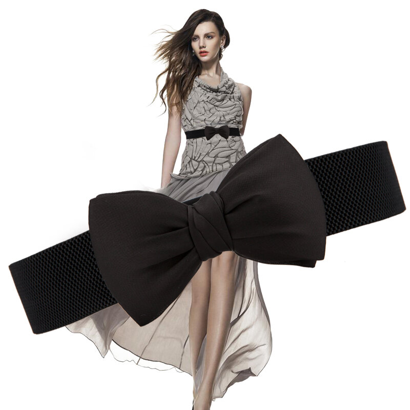 Gorąca sprzedaż Cummerbunds kobiety dziewczyny czarny duży Bowknot elastyczna łuk paski nowa moda szeroki Stretch pas biodrowy sukienka z paskiem