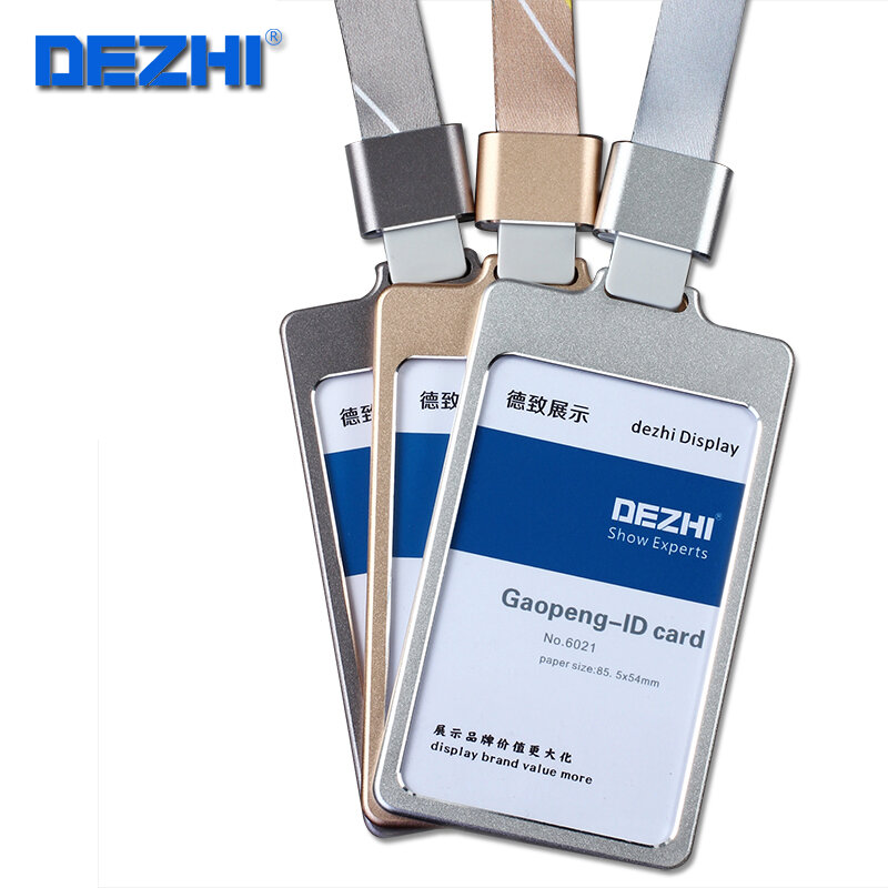 Porta carte d'identità aziendale DEZHI High Gloss con tracolla da 1.5cm, porta biglietti da visita in metallo con cordino, porta Badge con LOGO personalizzato