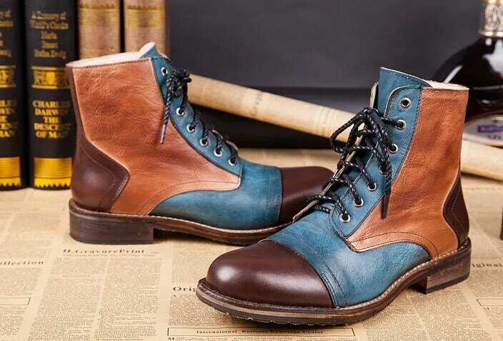 Botas de cuero cálidas para hombre, zapatos de estilo inglés, con punta redonda, con cordones, para primavera y otoño, envío gratis