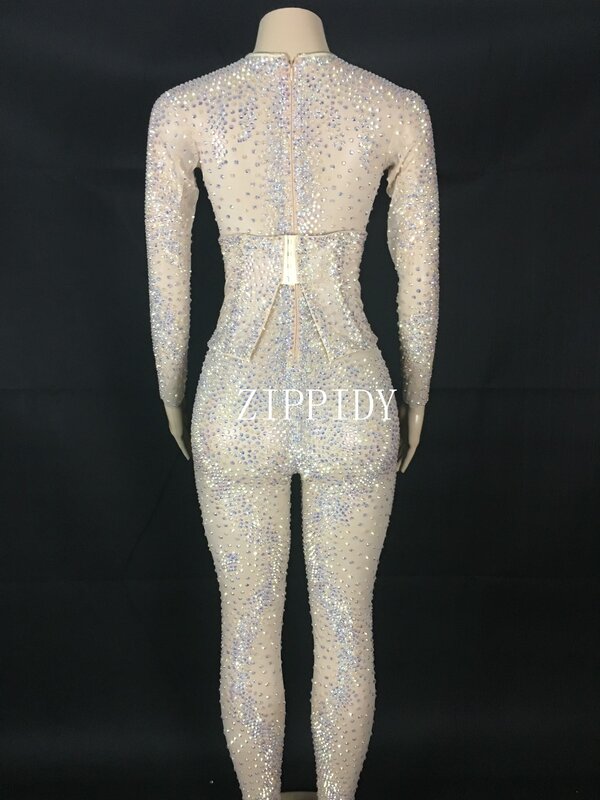 Sparkly 3 Colors Rhinestones Perspective Bodysuit Sexy Stretch Crystals Jumpsuit Female Celebrate Mesh Outfit Performance Wear