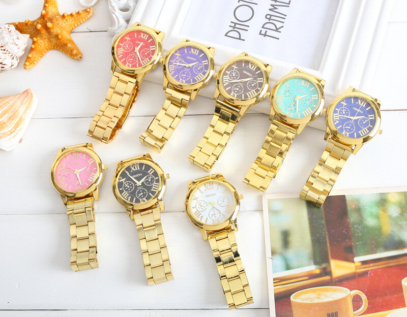 2024 merek baru 3 mata emas jam tangan Quartz kasual Geneva jam tangan gaun baja tahan karat wanita jam tangan wanita diskon besar
