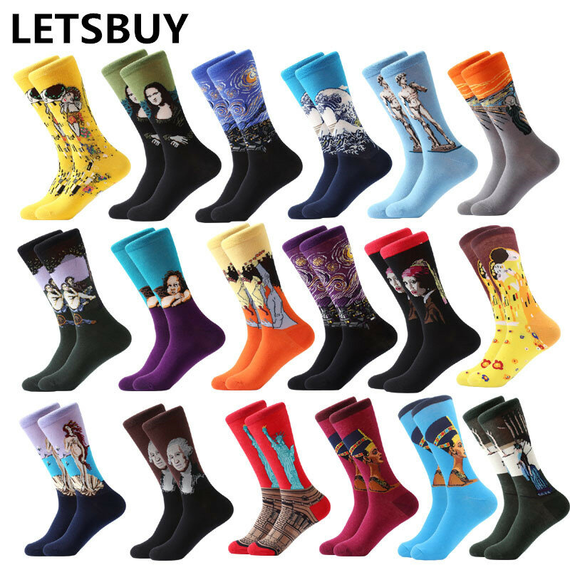 LETSBUY – chaussettes en coton peigné pour hommes, 1 paire, coloré Van Gogh, rétro, peinture à l'huile, cool, décontracté, robe de soirée drôle, chaussettes d'équipage