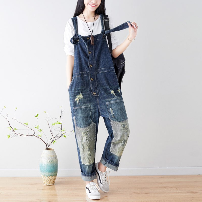 Nieuwe-2019 vrouwelijke nieuwe lente plus size casual stiksels patch jeans en met doen oude gaten losse brede been broek