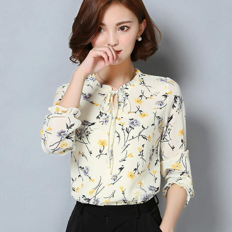 프린트 쉬폰 셔츠, 가을/봄 루즈한 슬림 블라우스 상의, 여성 긴 소매 라운드 칼라, 새로운 한국 캐주얼 의류, H9024