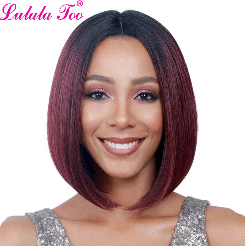 Peruca bob sintético feminina, peruca curta e lisa com ombré vermelha, resistente ao calor, loira, preta, marrom, borgonha e rosa