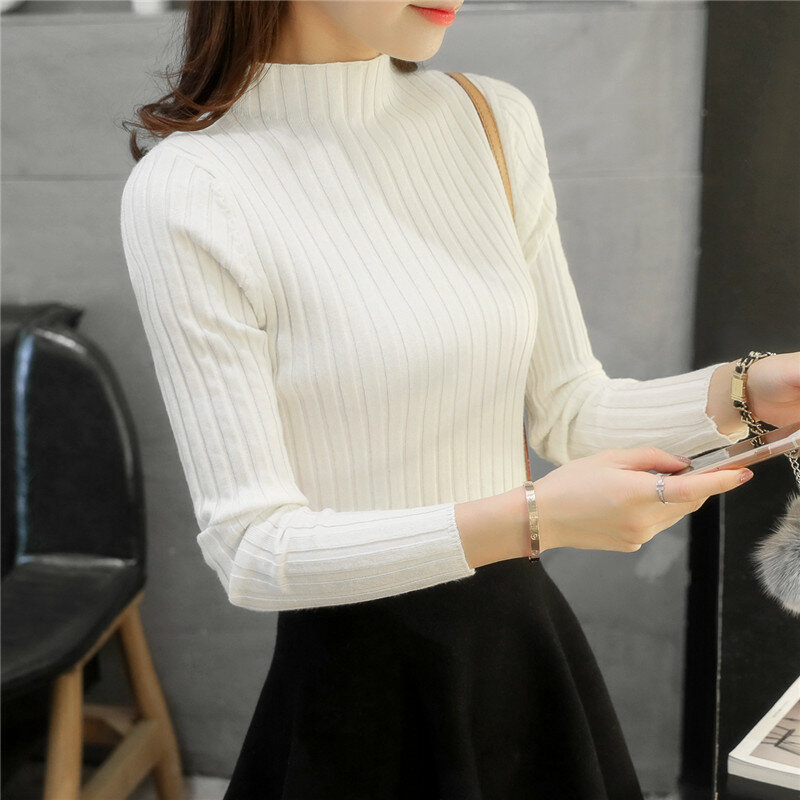 Pulôver feminino de gola semi-alta, suéter de malha curta, versão coreana, esbelta, manga comprida, camisa inferior, preta, nova