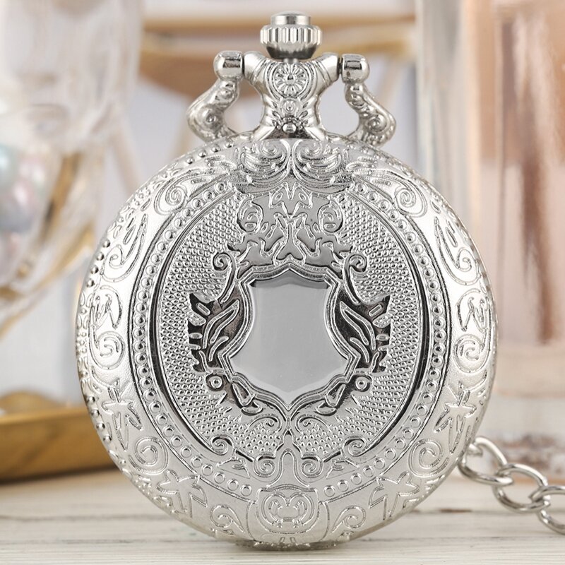 Reloj de bolsillo de cuarzo con patrón de corona de escudo plateado de lujo, collar de moda, cadena colgante, regalo de joyería, reloj Steampunk para hombres y mujeres