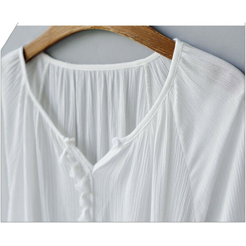 [EL BARCO] القطن الكتان الشيفون بلوزة قمصان Blusa الصيف طويل مضيئة الأكمام الخامس الرقبة شرابة الإناث الملابس زائد حجم M-3XL