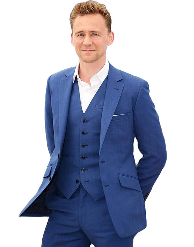 Мужской костюм, синие смокинги для жениха, 3 предмета, официальный облегающий деловой блейзер с вырезом на лацкане для свадьбы, выпускного вечера (Блейзер + жилет + брюки)