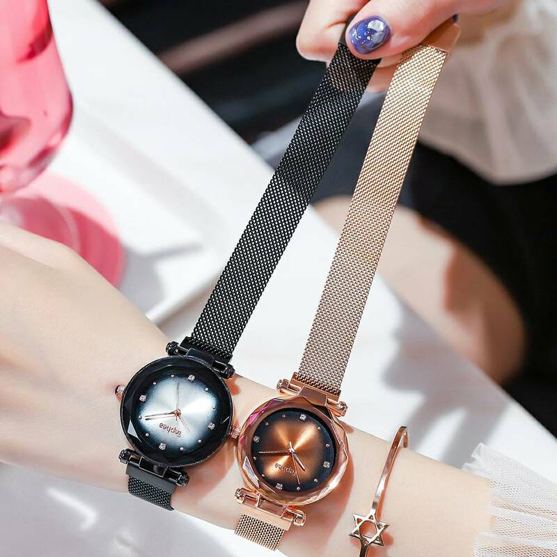 Mulheres Relógios de luxo Starry Sky Estrela Magnético Ouro Rosa Diamante Relógio Na Mão Das Senhoras de Aço À Prova D' Água Relogio feminino