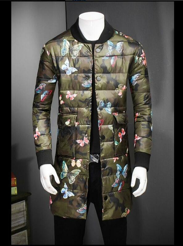 M-4xl nowa drukowana bawełniana kurtka męska zimowa modna stójka długi odcinek płaszcz młodzieżowy męski koreański wersja ciepła bawełniana kurtka