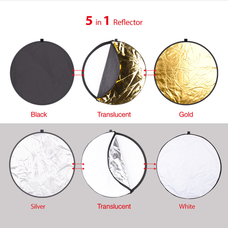 Yizhestudio 24" 60cm 5 in 1 Reflector Collapsible light round Multi Photography Studio Flash Diffuers Gold Silver White Black