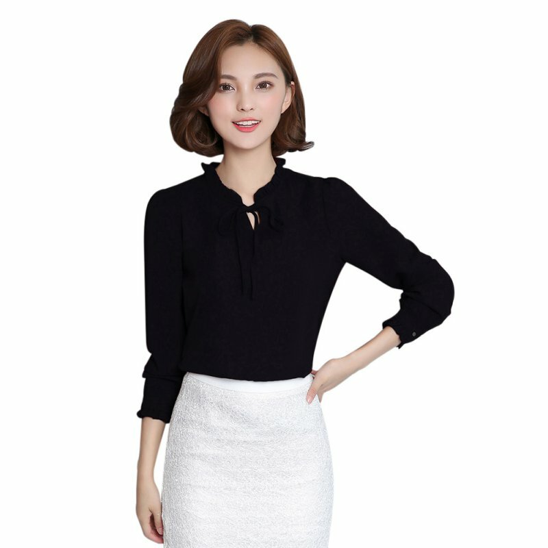Spring  Women Blue Shirts Long Sleeve Stand Collar Bow Blouses Elegant Ladies Chiffon Blouse Tops Fashion Office Work Wear