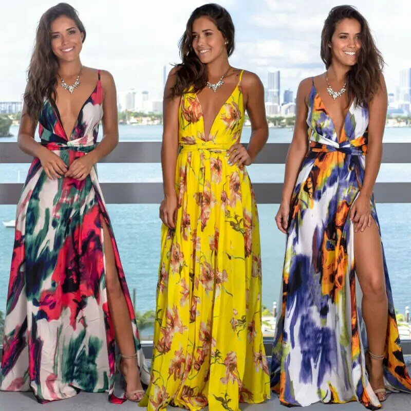 المرأة حبال الأزهار فساتين طويلة وصول الصيف بوهو الخامس الرقبة أكمام حفلة شاطئ Floarl طباعة ماكسي فستان الشمس عادية
