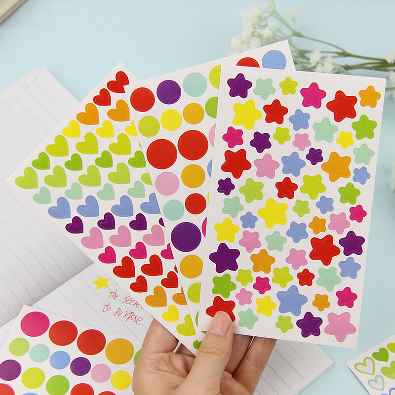 6 folhas/lote novos pontos coloridos estrela coração adesivo de papel diy multifunções decoração artigos de papelaria adesivos material escolar escritório