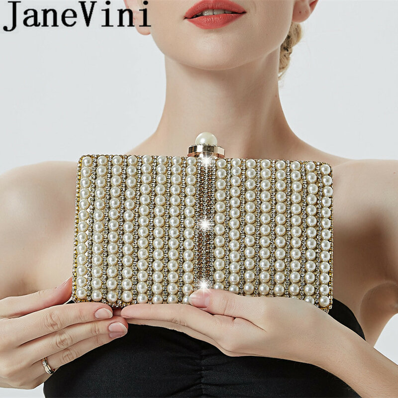 JaneVini 2019 Fashion Pearl Handbag Bling Rhinestones Wedding Bag for Women Chain Crossbody Evening Bridal Hand Bags Prom Purse
