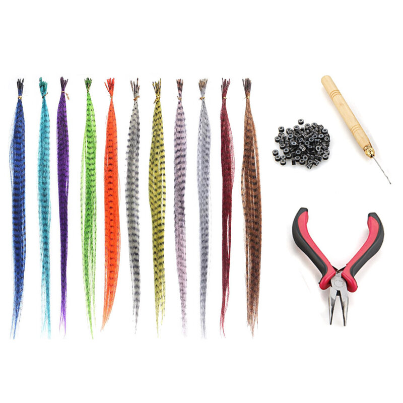 55 stücke mehrfarbige synthetische Federn Haar für Haar verlängerungen DIY Mikro perlen Haarteil Perücke Federn Haar verlängerungen Werkzeuge