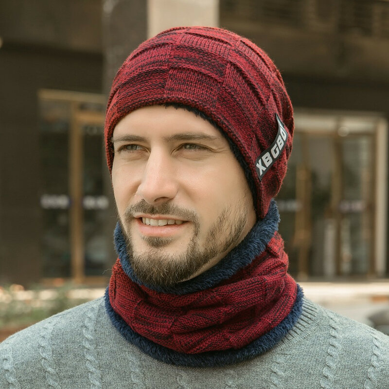 Neck Warmer Knitted Hat Scarf Set Fur Wool Lining Thick Warm Knit Beanies Balaclava Winter Hat for Men Women Cap Skullies Bonnet