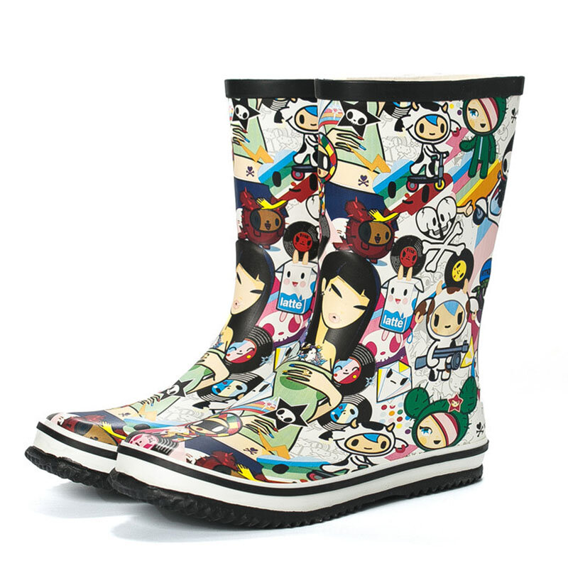 CuddlyIIPanda ฤดูร้อนใหม่มือวาดฝนรองเท้าผู้หญิงเข่าสูงการ์ตูนเข่ารองเท้าบูทสูงน่ารัก Kawaii Botas feminina