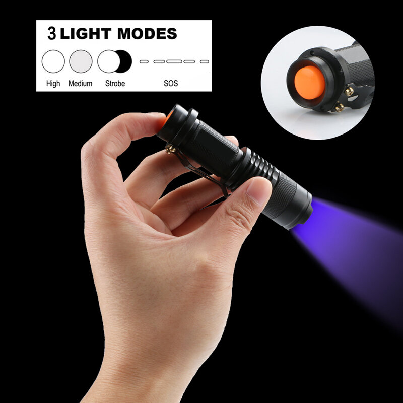 Lanterna uv violeta de luz, com função de ampliação, luz mini uv, detector de manchas de urina de animais, uso em escorpião, bateria aa/14500