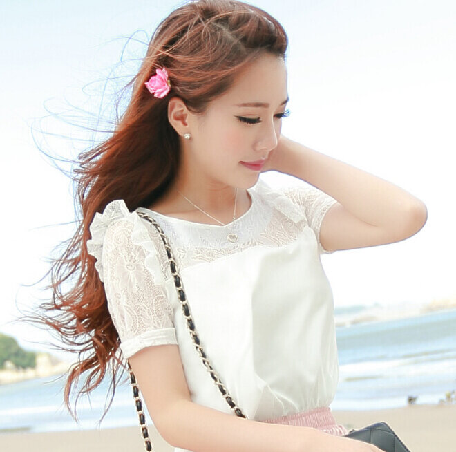 Kemeja putih Pakaian Wanita Lengan Pendek O neck Chiffon lace blouse Kemeja Korea Kemeja Fashion Kasual Sloid warna Top