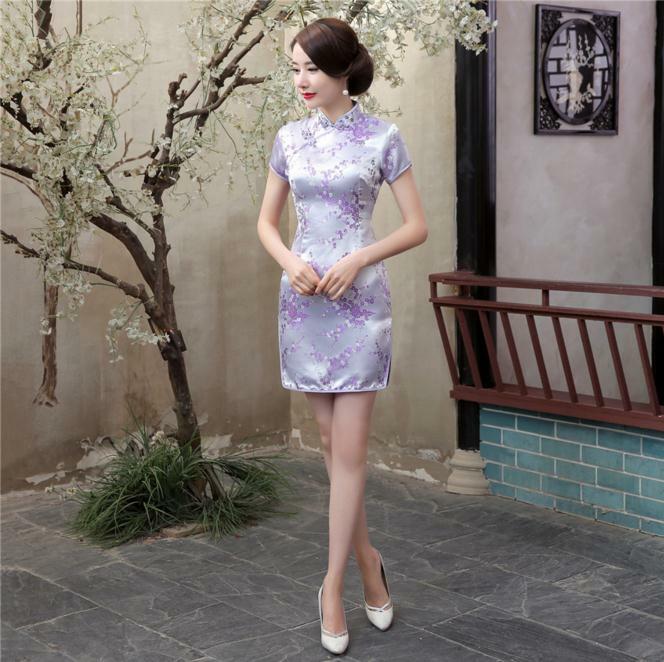 Mini vestido de seda chinês feminino, vestido sexy de verão preto cetim tradicional qipao cheongsam flor tamanho s, m, l, xl, xx 4xl 5xl 6xl nc027