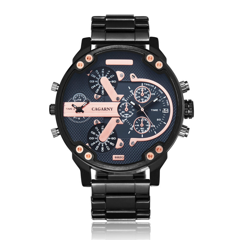 Cagarny-reloj analógico de acero inoxidable para hombre, accesorio de pulsera de cuarzo resistente al agua con doble pantalla, complemento Masculino de marca de lujo en color negro, 6820