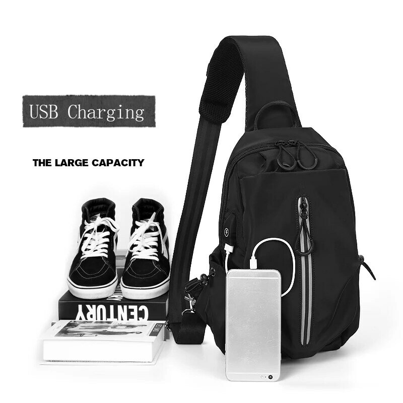 Fenruien – sac à bandoulière hydrofuge pour hommes, sac à la mode décontracté, sac à épaule chargeur USB, court voyage voyage, sac de poitrine