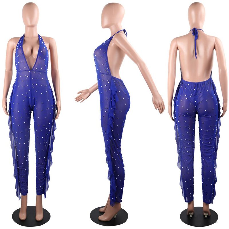 2019 New Sexy Mesh Jumpsuit for Women Streetwear Halter Backless Full Bodysuit Summer Overalls Sheer One Piece Club Rompers