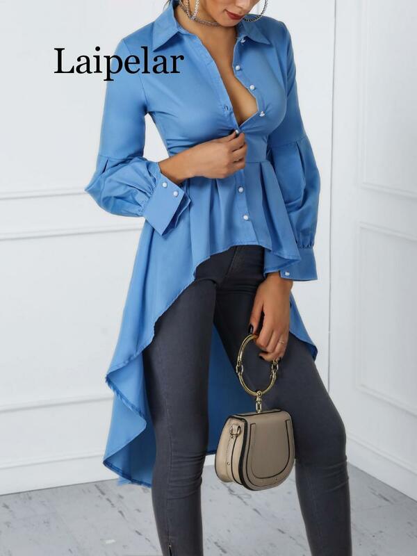 Laipelar 2019 moda damska biuro elegancka odzież robocza koszula na co dzień top damski latarnia guzik na rękawie Design Dip Hem bluzka
