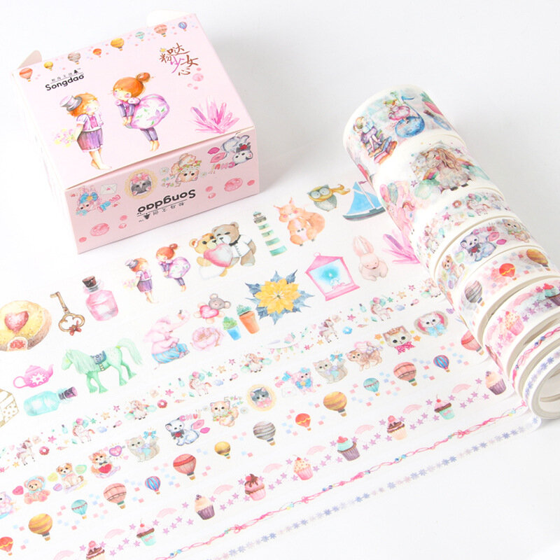 1 상자 와시 종이 테이프 세트 일본식 동화 소녀 골동품 수첩 장식 스티커