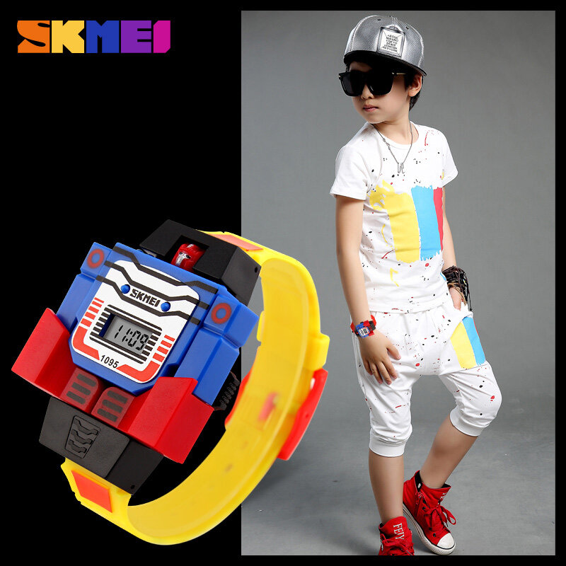 SKMEI นาฬิกาเด็ก LED ดิจิตอลเด็กการ์ตูนกีฬานาฬิกาหุ่นยนต์แปลงของเล่นเด็กนาฬิกาข้อมือ montre enfant 1095