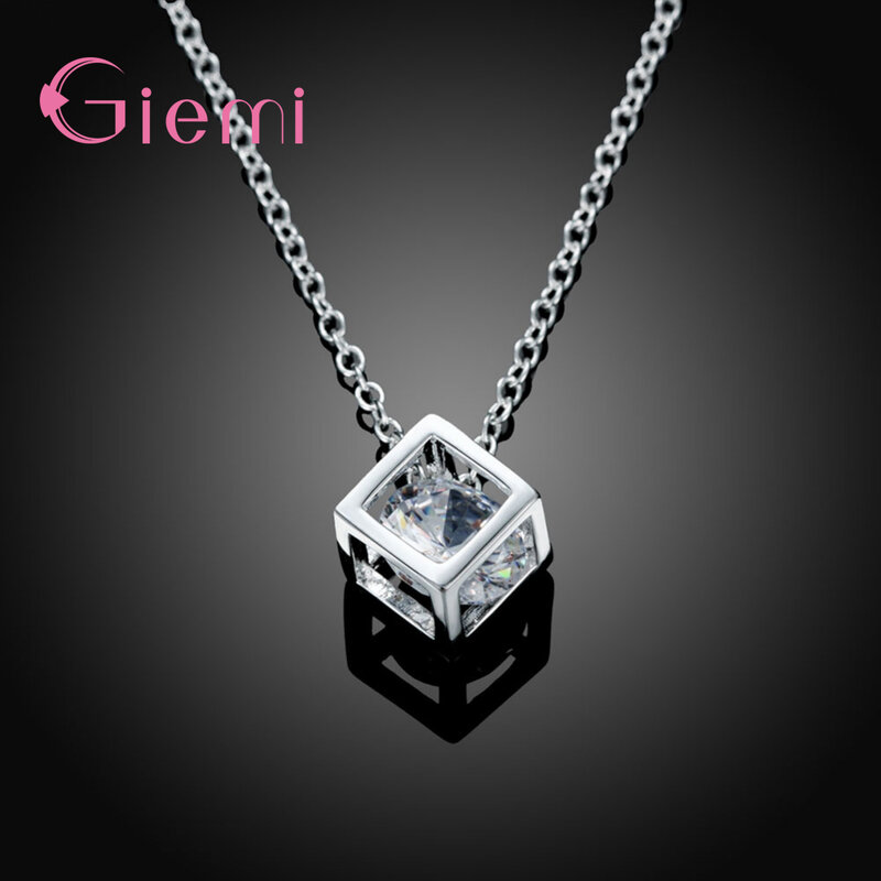 Delicate 925 Sterling Silver Jewelry With Cubic Zirconia Square Pendant Necklace Women Anniversary Lovely Gifts