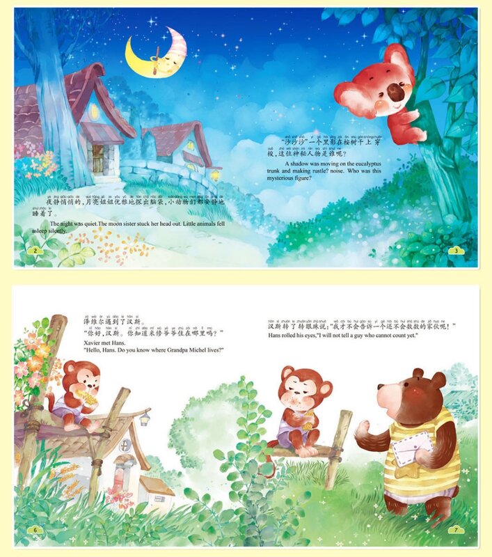 Buku Cerita Pinyin Bahasa Inggris Tiongkok Baru Buku Gambar Latihan Karakter dan EQ Anak Buku Cerita Bilingual Sebelum Tidur, 8 Buah/Set