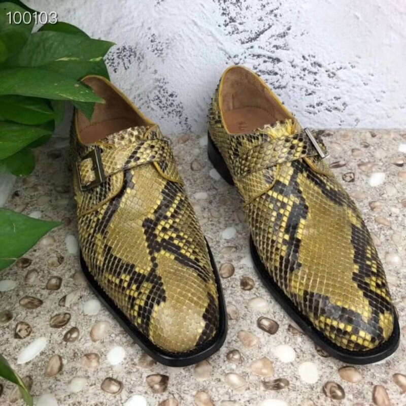 100% echte reale echtes python haut kleid männer schuh luxus qualität gelb gold farbe mit rindsleder haut futter kostenloser versand