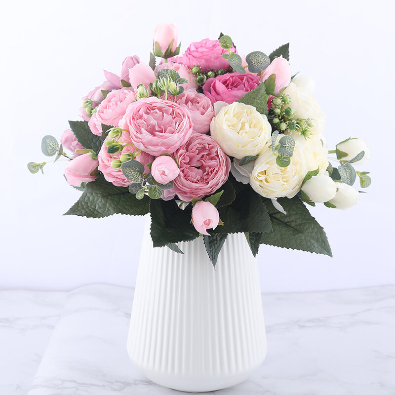 Ramo de flores artificiales de peonía para decoración de hogar, plantas de seda rosa de 30 cm, con 5 cabezas grandes y 4 brotes de flores baratas y falsas, para boda en interiores