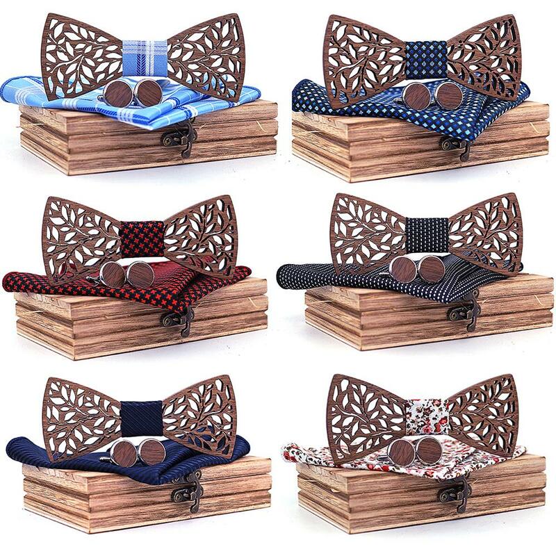 Mahoosive Fashion Mens Handmade handkerchiefs Wood and Cufflinks Wooden Bow Tie Pre-tied Bowtie For Wedding Party Wood Gift Box