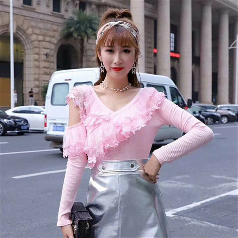 2018 New Autumn Women Short Tops V-Neck Ruffles Blouse Sweet Hollow Out Floral Lace Shirt Ladies Long Sleeve Mesh Blouses AB1077