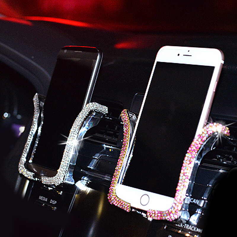 Tempat Ponsel Mobil Universal dengan Kristal Bing Berlian Imitasi Klip Dudukan Ventilasi Udara Mobil Tempat Ponsel untuk iPhone Samsung Tempat Ponsel