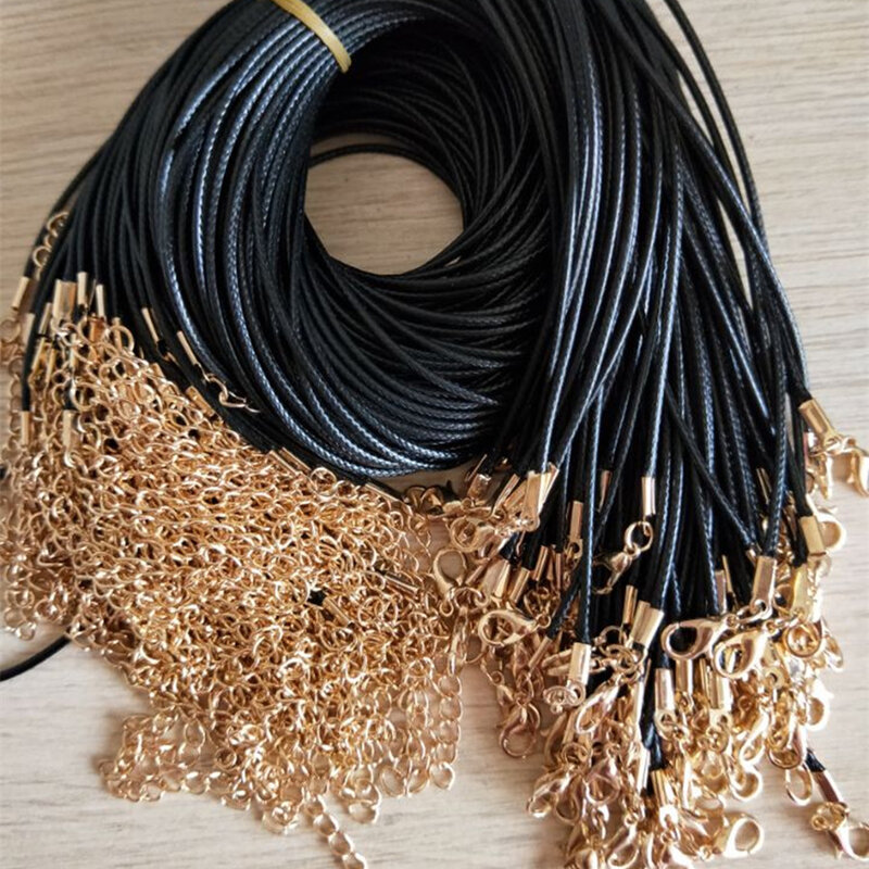 Cordón de cuero negro de 1,5mm, cadena de cuerda de cera, collar de 45 cm, cierre de langosta, accesorios de joyería DIY, 10. /número de lote, venta al por mayor