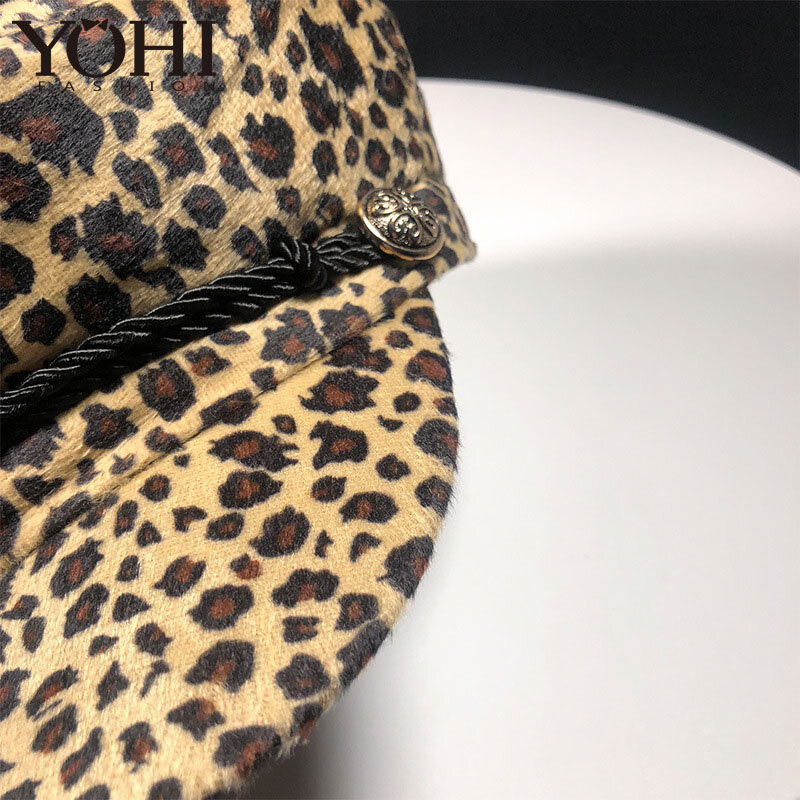 Boina de leopardo para mujer, gorro octogonal de lana para exteriores, otoño e invierno, nueva moda, 2018
