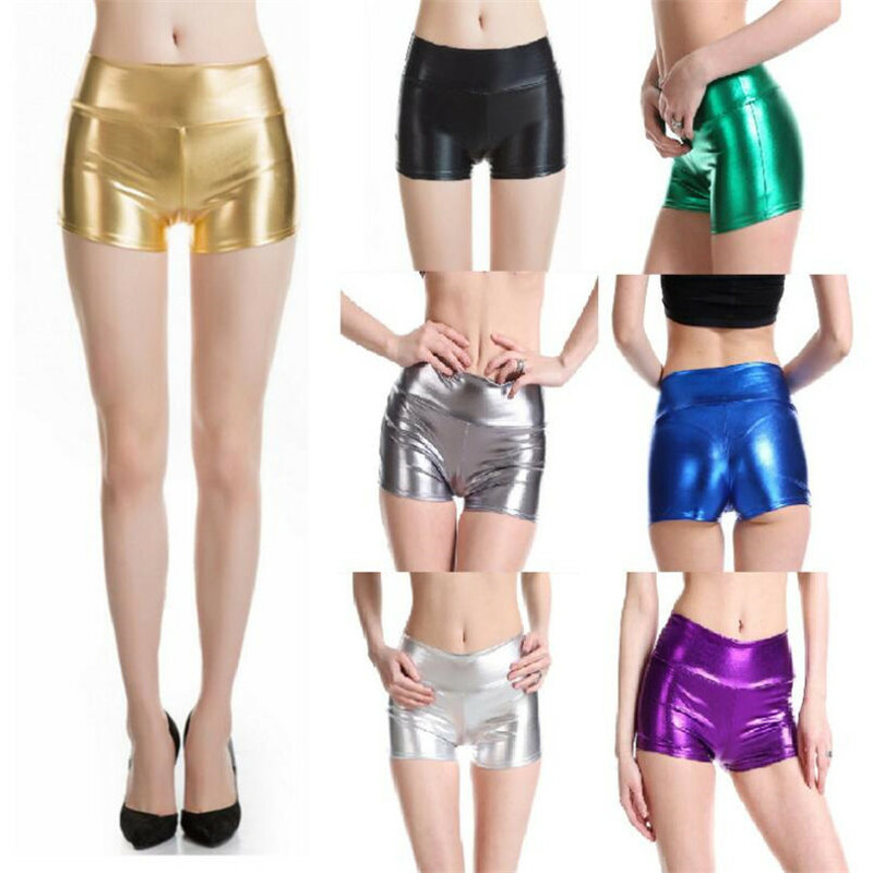 Pantaloncini da donna VIIANLES Shiny Dance pantaloncini metallici argento per adulti Sexy pantaloncini bottino Rave pantaloncini a vita media