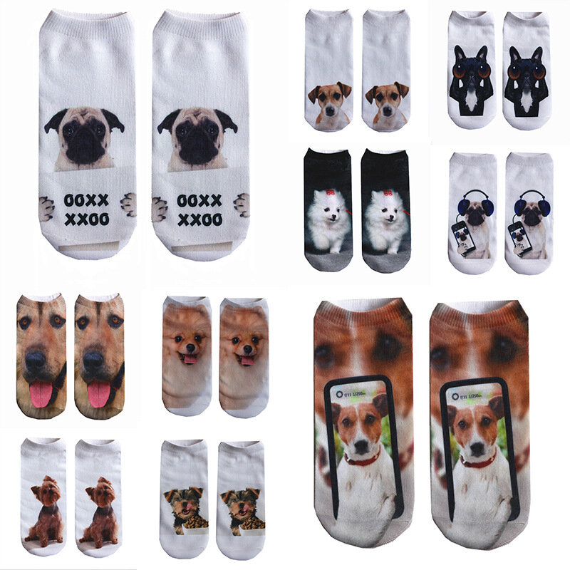 Мужские и женские Короткие хлопковые носки в стиле Харадзюку, носки с 3D принтом животных собак, оптовая продажа