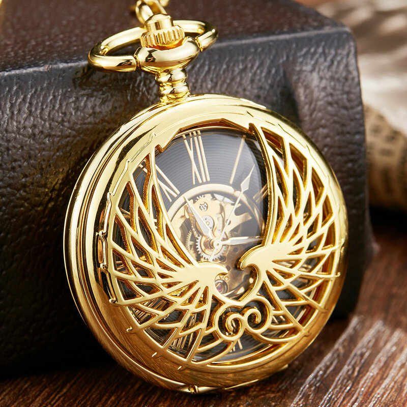 Роскошные Механические карманные часы с золотыми крыльями влюбленных для мужчин и женщин, цепочка-брелок, уникальный дизайн с отверстиями, двухсторонние наручные часы-скелетоны