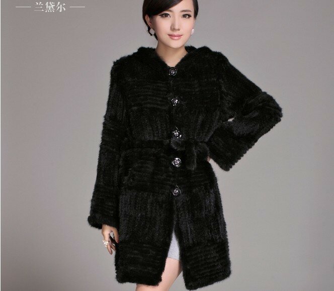 Autumn Winter Women's Genuine Natural Knitted Mink Fur Coat Lady Warm Overcoat Plus Size VF0208