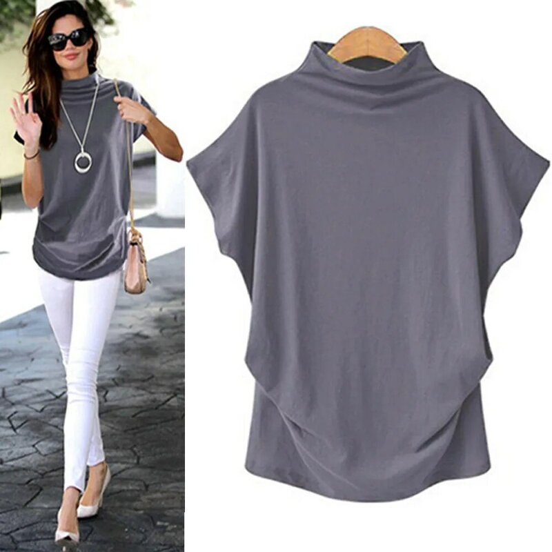 T Shirt Women Turtleneck Short Sleeve Cotton shirts Solid Casual Top Plus Size Women Summer Female T-shirts harajuku c0517