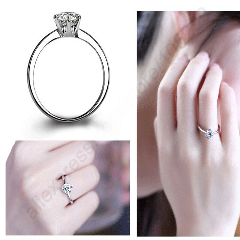 Elegante clássico real 925 prata esterlina anéis de dedo jóias de cristal zircões cúbicos 6 garras anillos casamento das mulheres
