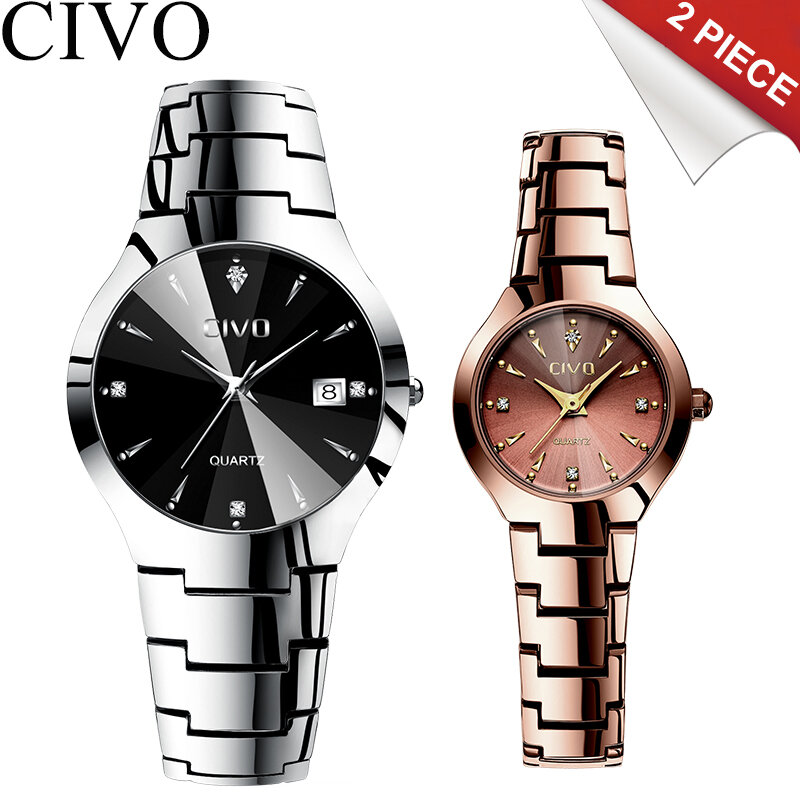 CIVO Luxus Paar Uhren Schwarz Silber Voller Stahl Wasserdicht Datum Quarzuhr Männer Für Mann Frauen Uhr Geschenk Für Liebhaber frau