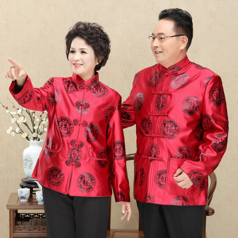 Musim Gugur Lengan Panjang Orang Tua Pasangan Pria Tang Suit Wanita Pria Cina Tradisional Atasan Wanita Kuno Ulang Tahun Tahun Baru Tang Seragam